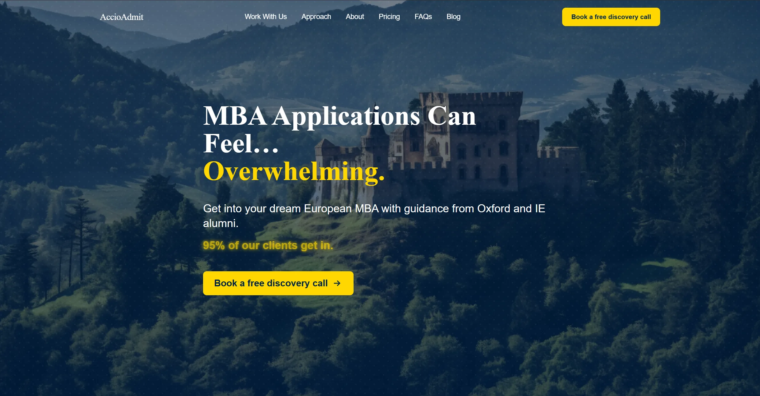 AccioAdmit homepage headline: MBA applications can feel overwhelming, get in with guidance from Oxford and IE alumni
