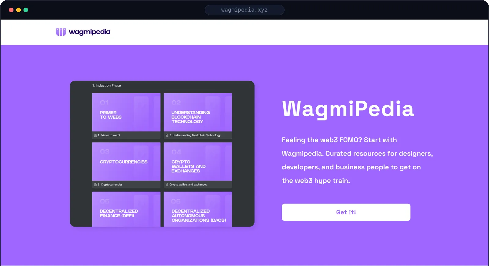 Wagmipedia homepage, a curated web3 resource library for designers, developers, and business people